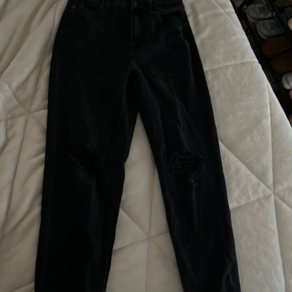 Black Ripped Straight Legged Mom Jeans